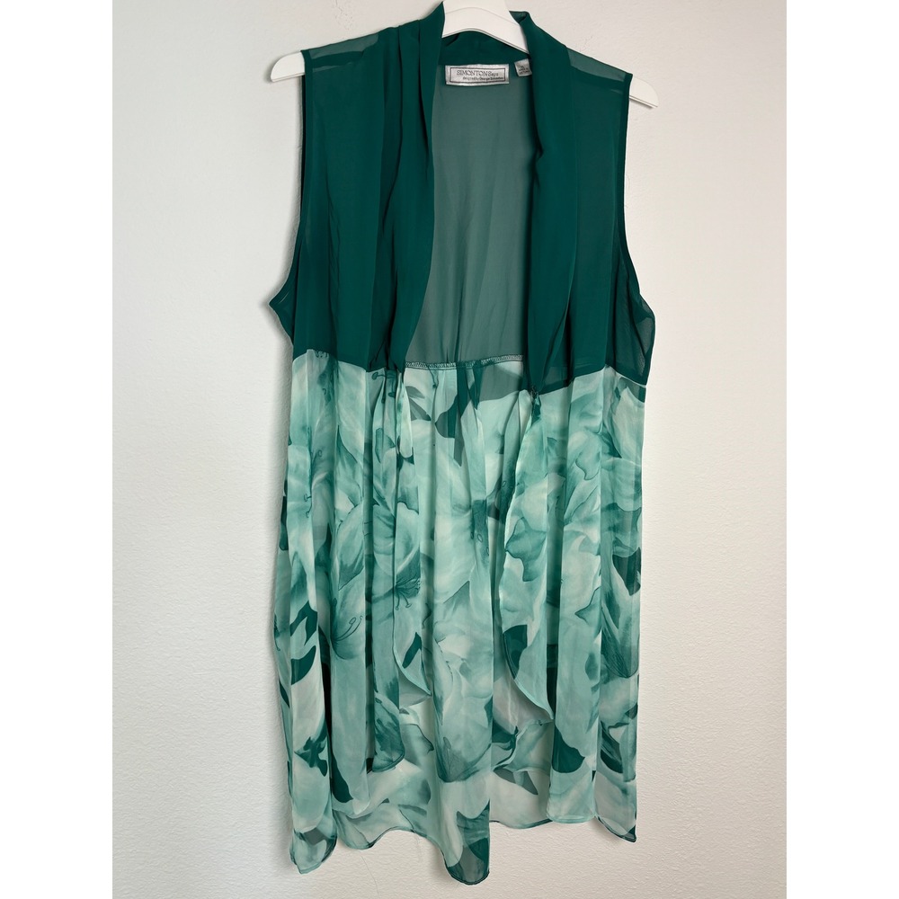 Simonton Says George Simonton Green Floral Sheer Open Front Longline Vest XL